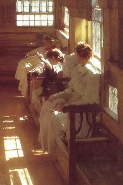 Prompt: sunday morning in a simple wooden paneled small amish shaker style cottage chapel, bench pews, light streaming in, art by anders zorn, wonderful masterpiece by greg rutkowski, beautiful cinematic light, american romanticism thomas lawrence, greg rutkowski