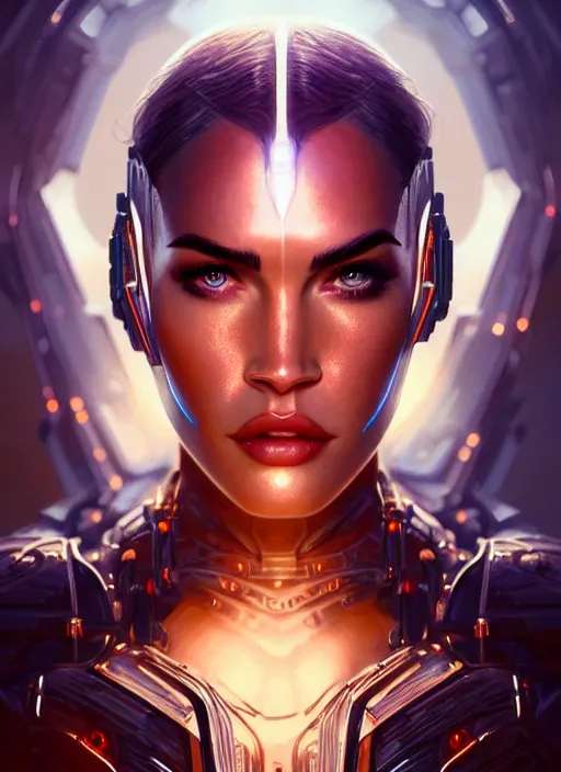 Image similar to portrait of cyborg warrior, megan fox, intricate, elegant, glowing lights, highly detailed, digital painting, artstation, glamor pose, concept art, smooth, sharp focus, illustration, art by artgerm and greg rutkowski, artey freytag