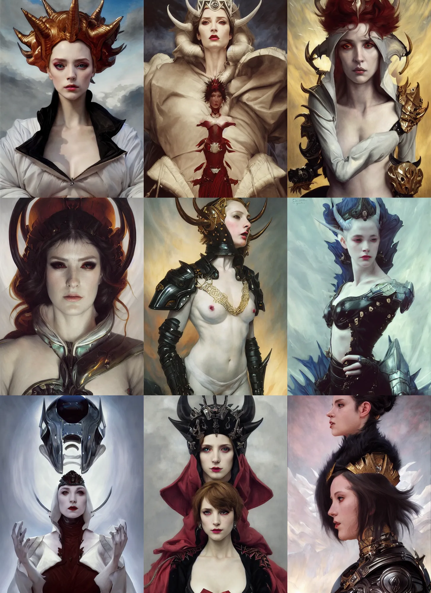 Prompt: queen demon half human, elegant, wearing a bomber jacket, armor, hyper realistic, white horns, extremely detailed, dnd character art portrait, fantasy art,, dramatic lighting, vivid colors, artstation, by edgar maxence and caravaggio and michael whelan and delacroix, lois van baarle and bouguereau