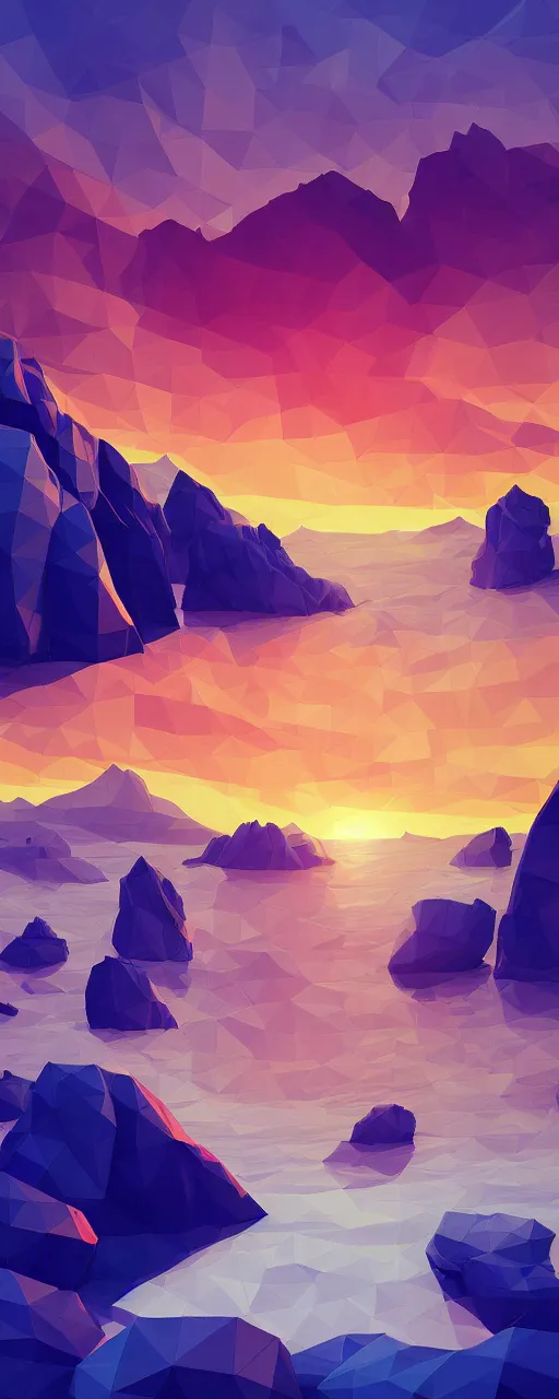 Image similar to super detailed color lowpoly art, northern sunset with rocks on front, monochrome photorealistic bay in the middle of perspective and mountains at background, big graphic ship in the middle of composition, unreal engine, high contrast color palette, 3 d render, lowpoly, colorful, digital art, perspective, full volume composition, robb cobb, robert mccall, syd mead