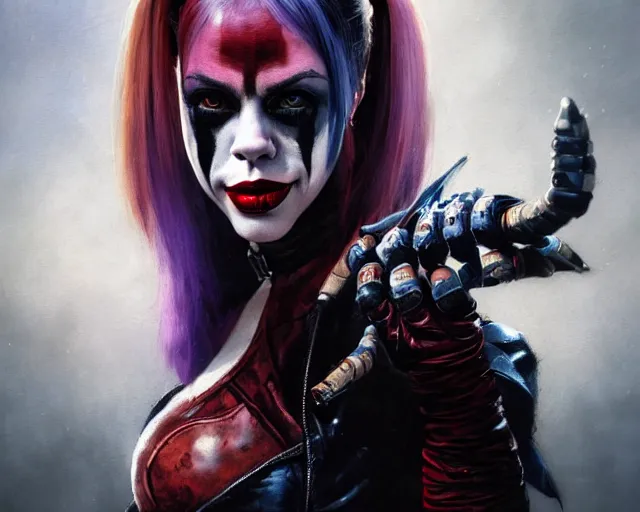 Prompt: highly detailed portrait of fairuza balk carter as harley quinn, in batman : arkham knight, stephen bliss, unreal engine, fantasy art by greg rutkowski, loish, rhads, ferdinand knab, makoto shinkai and lois van baarle, ilya kuvshinov, rossdraws, tom bagshaw, global illumination, radiant light, detailed and intricate environment