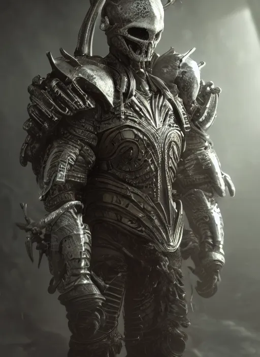 Image similar to a photorealistic dramatic hyperrealistic render of tribal warrior alien hunter, intricate white bone armor, ultra realistic details, well worn by wlop, greg rutkowski, alphonse mucha, vitaly bulgarov and mike nash, beautiful dramatic dark moody tones and lighting, cinematic atmosphere, studio lighting, global illumination, shadows, dark background, octane render, 8 k