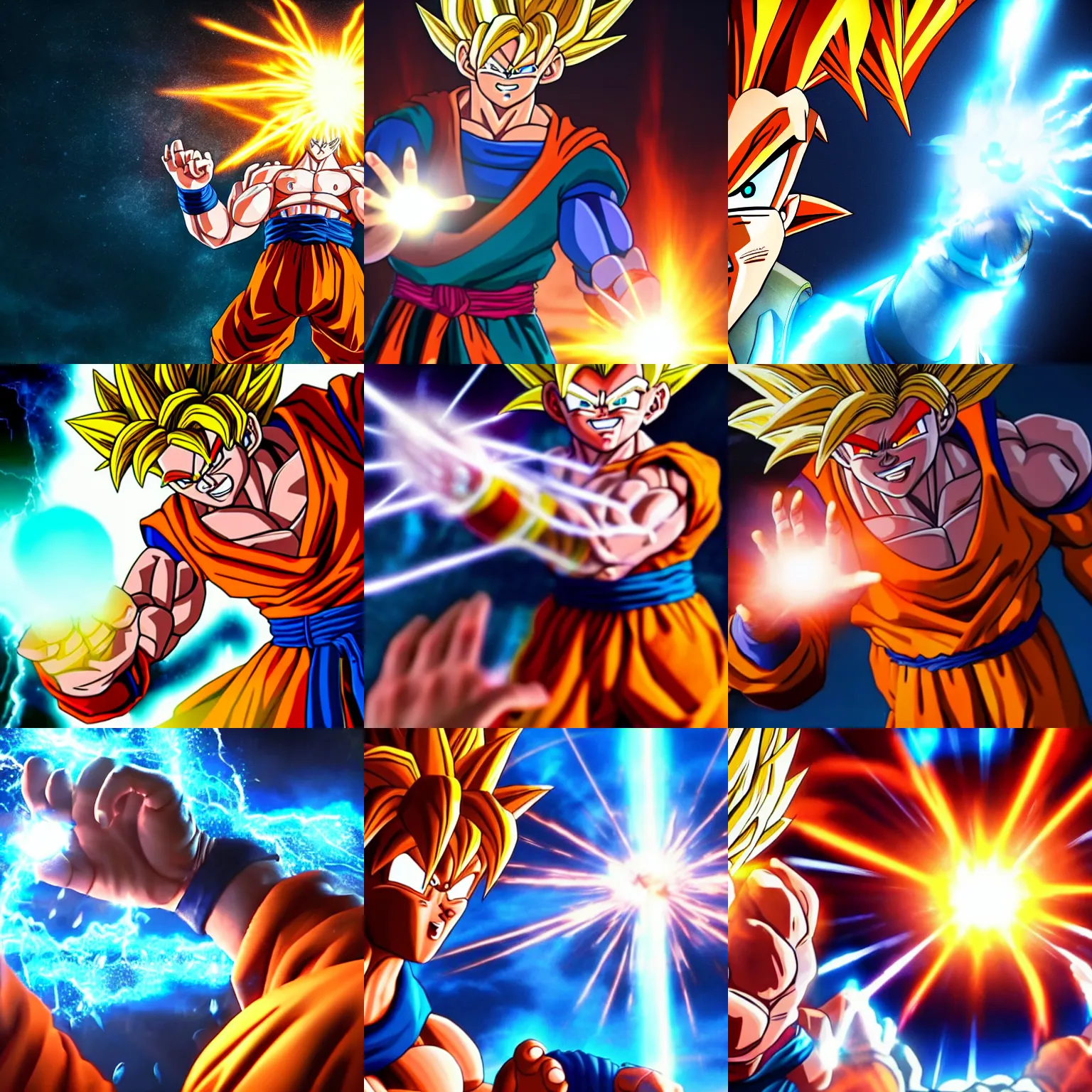 Prompt: a close up shot of gokus hands in the middle of conjuring a kamehameha, dynamic lighting, 8 k hdr