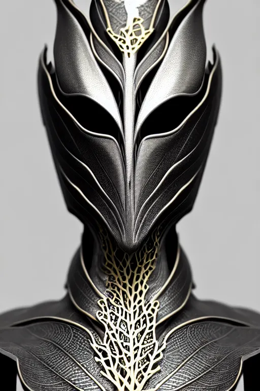 Image similar to monochrome close - up profile face, black background, beautiful young porcelain bio - mechanical vegetal - dragon - cyborg - female, white metallic armour, silver gold details, magnolia leaves and stems, roots, mandelbot fractal, 1 5 0 mm, beautiful natural soft rim light, elegant, hyper real, ultra detailed, octane render, 1 6 k