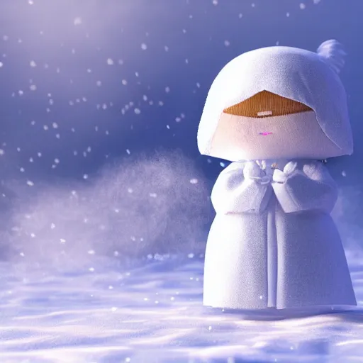 Prompt: cute fumo plush of yuki onna in the middle of a blizzard, snow particle simulation, outline glow lens flare, vray