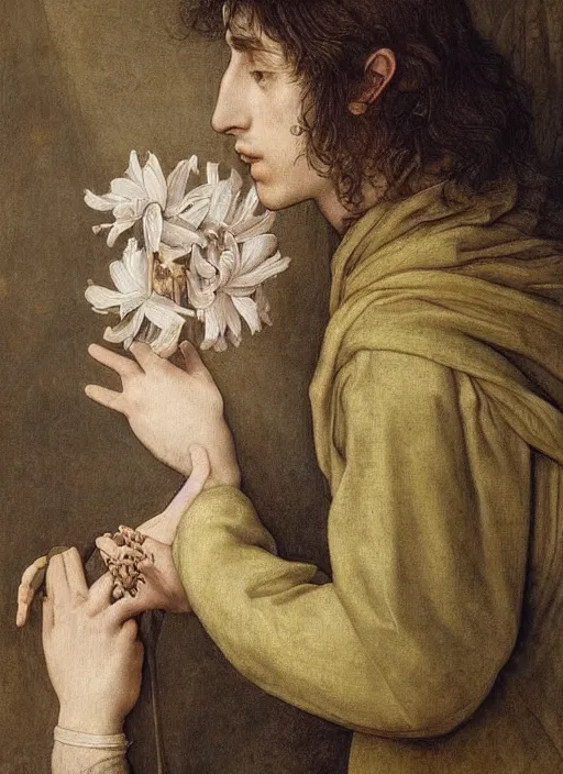 Image similar to (((( a painting of a Timothee Chalamet looking at a flower, a character portrait by Dürer, behance, pre-raphaelitism, da vinci, pre-raphaelite, detailed painting“