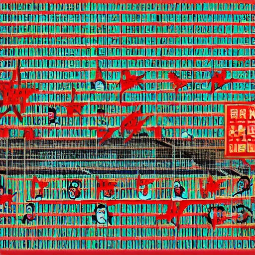 Image similar to a chinese prison, in the style of daniel johnston and outsider art, 8 k, line brush, minimal, brightly coloured, flat, stark, overlaid with chinese adverts