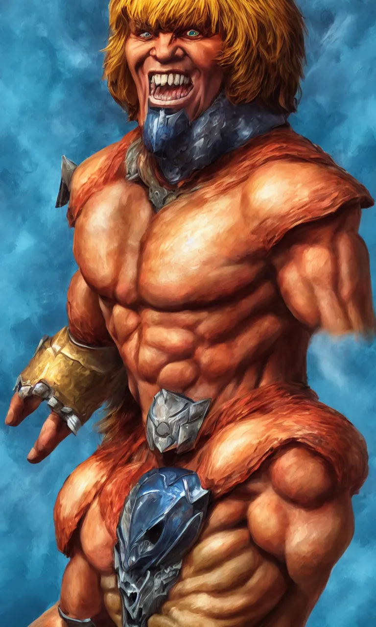 Prompt: hyper realistic half body portrait of heman, vivid color scheme