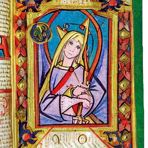 Prompt: medieval illuminated manuscript bible page depicting a magical girl madoka magika