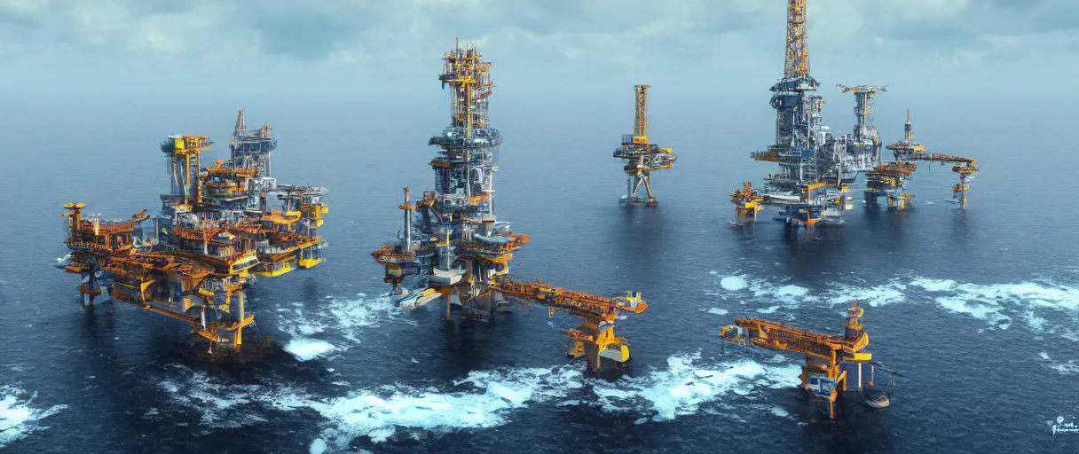 Image similar to futuristic oil rigs on the ocean, sci fi, artstation, detailed render, high quality, 8k