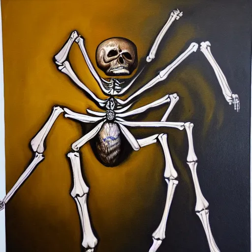 Image similar to a giant spider and a human skeleton, the skeleton is mounting the spider, inside of a cave, oil painting