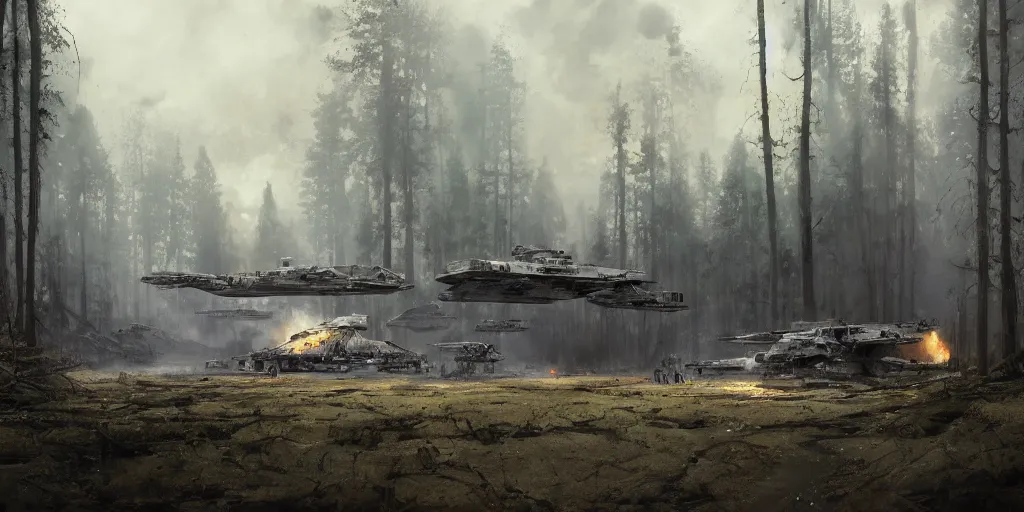 Image similar to a painting of a cinematic keyframe of star wars a destroyed at - at in a forest, heavy atmosphere, fire and smoke by greg rutkowski, rule of thirds, golden ratio, ambient lighting, wlop, artgerm, artstation, highly detailed masterpiece, dark fantasy art, high detail, trending on artstation