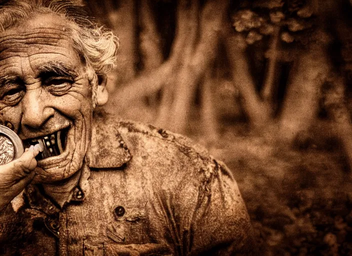 Image similar to old retro burnt out sepia photograph with scratches of an old and wrinkled man biting into a golden coin with his teeth. magical forest in the background with bokeh. Antique. High quality 8k. Intricate. Sony a7r iv 35mm. Award winning.