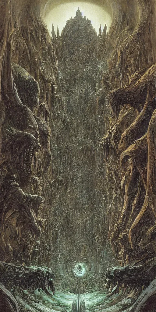 Image similar to Artwork by John Howe of the cinematic view of the Great Sanctum of Annihilation.