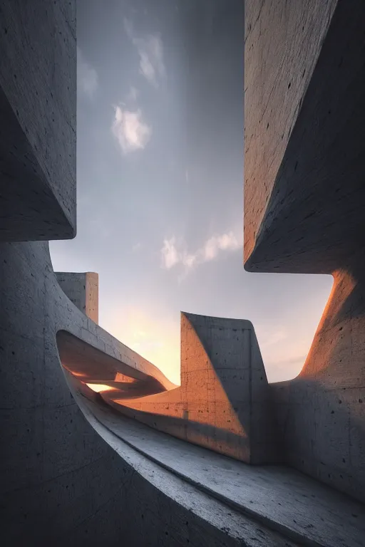 Prompt: sci - fi concrete brutalist architecture in the italian dolomites, zaha hadid, beksinski, photoreal, highly detailed, 8 k, hd, vray, artstation, trending on behance, cinematic matte painting, extreme detail photo quality, orange sunset, featured on behance