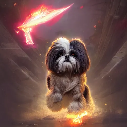 Image similar to shih tzu Dog, battle armour, Anthropomorphized, casting epic spell, magic the gathering artwork, D&D, fantasy, cinematic lighting, centered, symmetrical, highly detailed, digital painting, artstation, concept art, smooth, sharp focus, illustration, volumetric lighting, epic Composition, 8k, art by Akihiko Yoshida and Greg Rutkowski and Craig Mullins, heroic pose, oil painting, cgsociety, magic lab background