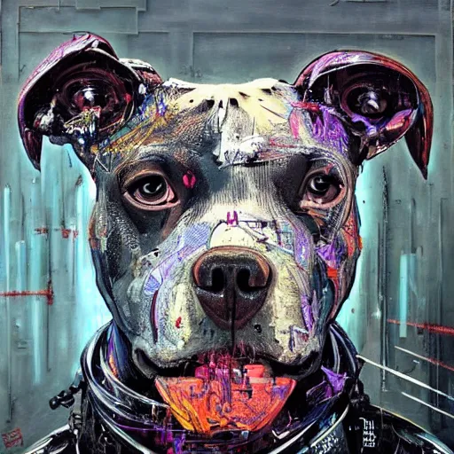 Prompt: a beautiful pitbull head made of mech mask rendered in unreal engine, cyberpunk, dark scifi, painted by david burliuk, bernard buffet and carne griffiths