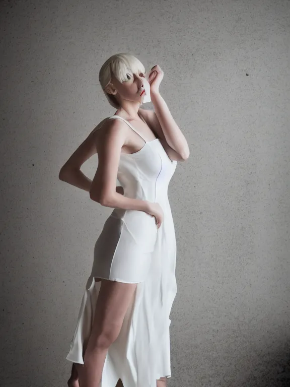 Image similar to studio photo of gorgeous seductive tall emily skinner cosplaying annie leonhart wearing open toe heels, wearing tight white wet dress, in a white room, beautiful face, pale skin, rule of thirds, cinematic lighting, sharp focus, backlit, stunning, smooth, hard focus, full body shot, shot on sony a 7 iii