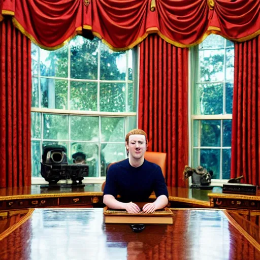 Prompt: Mark Zuckerberg the president of the united states sitting in the oval office, closeup, EOS-1D, f/1.4, ISO 200, 1/160s, 8K, RAW, unedited, symmetrical balance, in-frame, Photoshop, Nvidia, Topaz AI