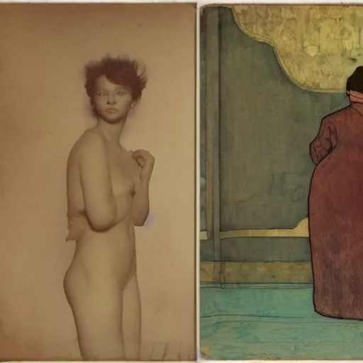 Prompt: a lonely girl in an empty room, colored daguerreotype, by schiele, by mucha, by Mackintosh, by Moebius, eerie, weird