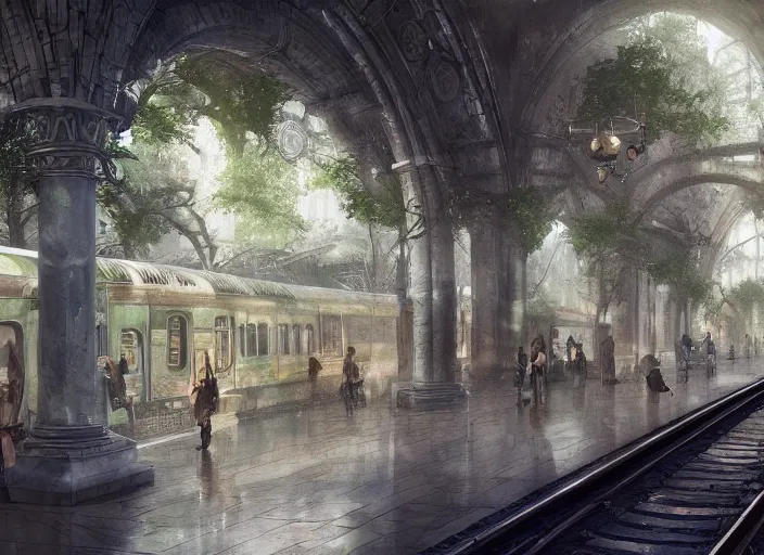 Prompt: A train subway inside a beautiful elven city made of white marble, anime, lush trees, fountain, statue, big clock, information desk, trains, train tracks, a fantasy digital painting by Greg Rutkowski and James Gurney, trending on Artstation, highly detailed