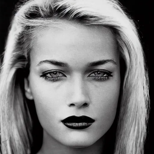 Prompt: black and white vogue closeup portrait by herb ritts of a beautiful female model, mascara, high contrast