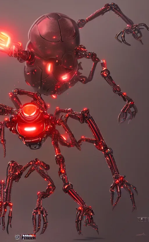 Image similar to a robot humanoid spider in a city, with 4 arms with claws, glowing red eyes, in a black carbon and red fiber armor, smiling creepily, dynamic lighting, photorealistic fantasy concept art, trending on art station, stunning visuals, creative, cinematic, ultra detailed