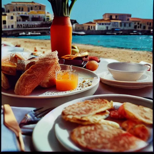 Prompt: breakfast on an island in italy, disposable film, 3 5 mm, analog, kodak
