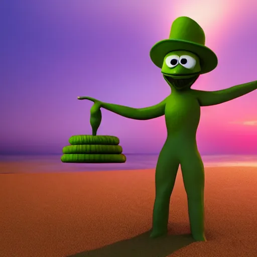 Image similar to 3 d render, of anthropomorphic green lemon character, with lemon skin texture, he is wearing a hat, building a sandcastle on the beach at sunset, beach, huge waves, sun, clouds, long violet and green trees, rim light, cinematic photography, professional, sand, sandcastle, volumetric lightening