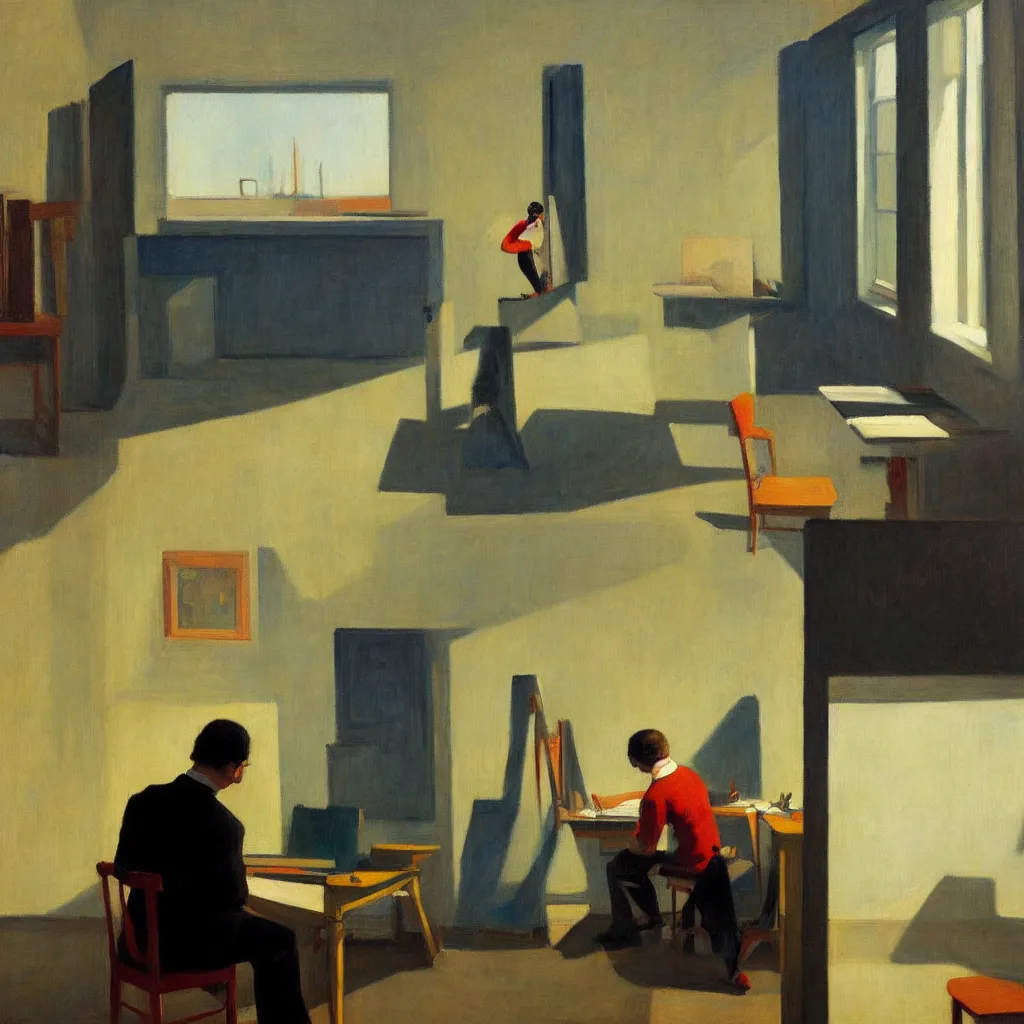 Image similar to painting of a artist, creating in his studio alone, in a huge studio, in the style of edward hopper