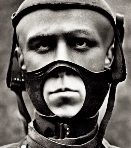 Image similar to person wearing leather mask, ww1 photo, grainy, high detail, high resolution, tehnicolor