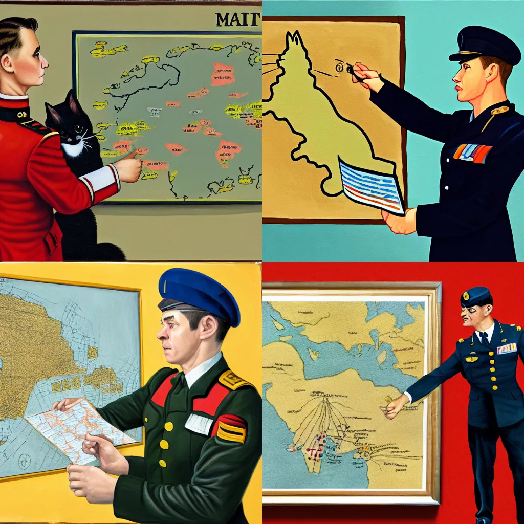 Image similar to painting of a cat in military uniform pointing at a map in a briefing