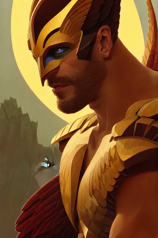 Prompt: a portrait of hawkman, fantasy, sharp focus, intricate, elegant, digital painting, artstation, matte, highly detailed, concept art, illustration, ambient lighting, art by ilya kuvshinov, artgerm, alphonse mucha, and greg rutkowski