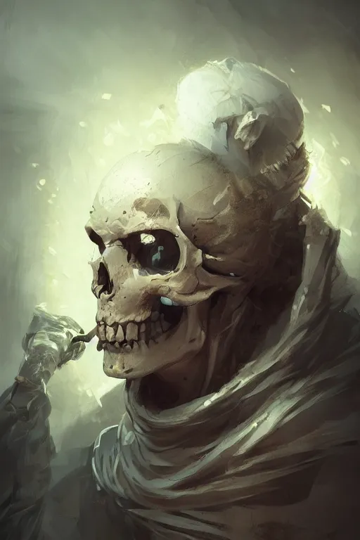 Image similar to concept art skull barrista, close - up portrait, powerfull, intricate, elegant, volumetric lighting, scenery, digital painting, highly detailed, artstation, sharp focus, illustration, concept art, ruan jia, steve mccurry