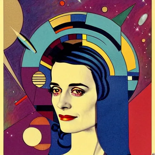 Image similar to Art by Coles Phillips, Portrait of Eva Green as Space Commander Zeta from the Year 3000, Mucha, Kandinsky, indigo, teal, gold