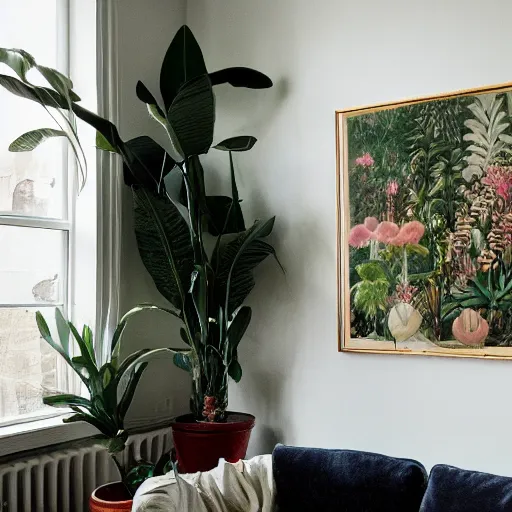 Prompt: a living room with plants and speakers and a painting on the wall, a photorealistic painting by mollie forestier - walker, featured on tumblr, light and space, sanctuary, soft light, aesthetic