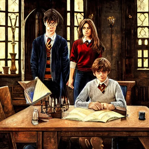 Prompt: Harry Potter Ron and Hermione in the Hogwarts common room, drawn by Mikhail Vrubel, hyper realistic face, , art gallery, art museum, high resolution, Mikhail Vrubel, painting by Mikhail Vrubel