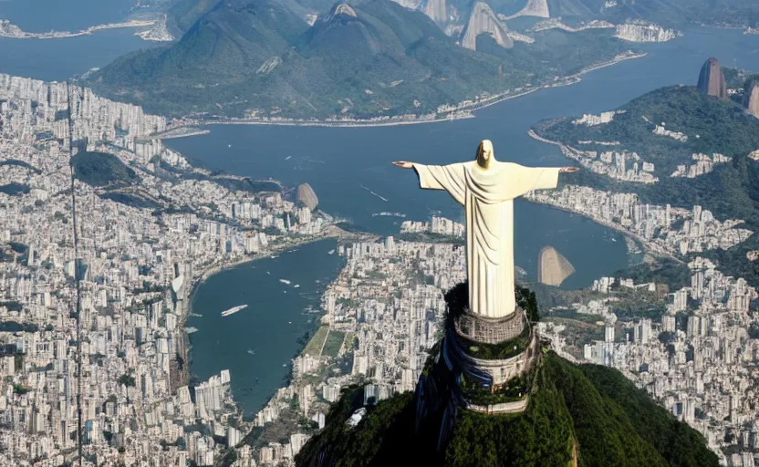 Prompt: photo of the christ the redeemer statue above rio, holding an immense fish between his arms