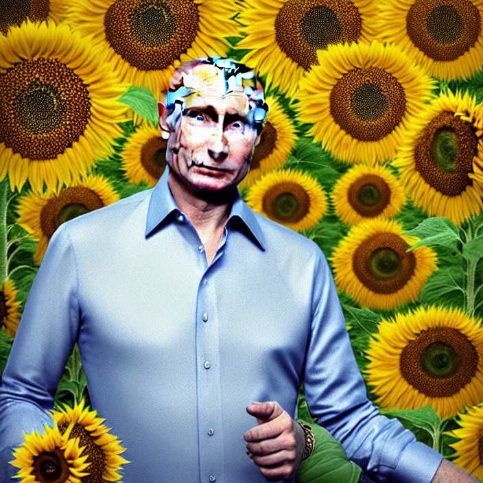 Image similar to photo portrait of Vladimir Putin - sunflowers - dressed in leisure shirt with ornamental ethereal sunflower pattern, natural skin tone, highly detailed realistic flowers ornament on the shirt, raging war and explosions in the background, eyebrows are intricate and highly detailed, elegant, Realistic, Refined, Highly Detailed, natural soft pastel lighting colors scheme, fine art photography by Cecil Beaton, volumetric lighting, hyper realistic photography