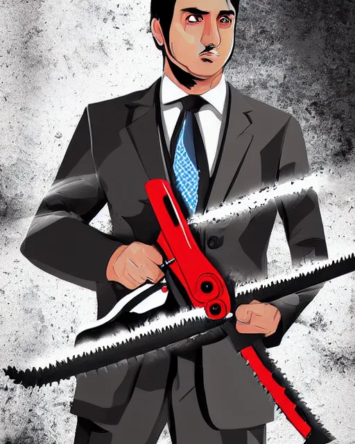 Prompt: Digital presidential anime art of Alvaro Uribe Velez holding a chainsaw by A-1 studios, serious expression, empty warehouse background, highly detailed, spotlight