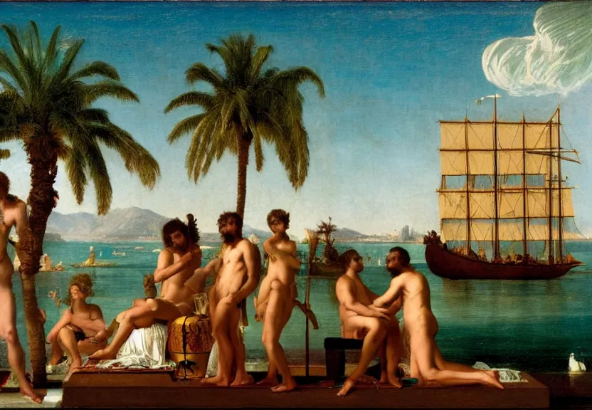 Image similar to Palace floating in the sky, caravels, thunderstorm, greek pool, beach and palm trees on the background major arcana sky, by paul delaroche, hyperrealistic 4k uhd, award-winning, very very very detailed