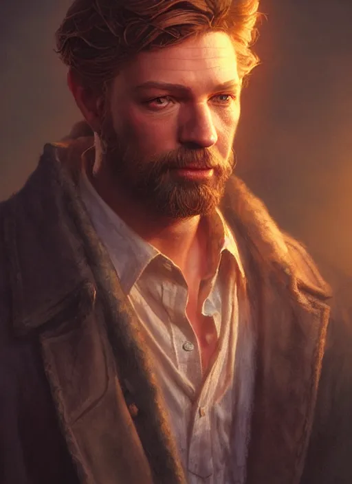 Image similar to Highly detailed portrait of Gabriel Knight, from Sierra adventure game, fantasy art by Greg Rutkowski, Stanley Artgerm, Tom Bagshaw, global illumination, radiant light, detailed and intricate environment