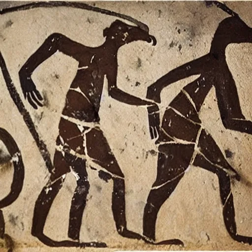 Prompt: old cave painting of men hunted by aliens