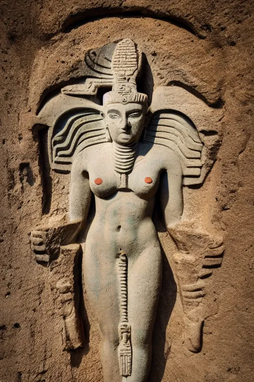Prompt: photo of the ancient statue of extremely beautiful demon goddess from sumeria, rock art, symmetrical, cinematic, real dlsr photography, sharp focus, 4 k, ultra hd, sense of awe, archeology journal cover
