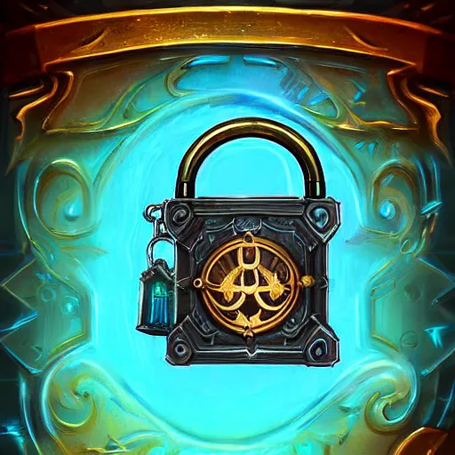 Prompt: a glowing steampunk keyed padlock 🔒 🔑, fantasy digital art, magical background in the style of hearthstone artwork