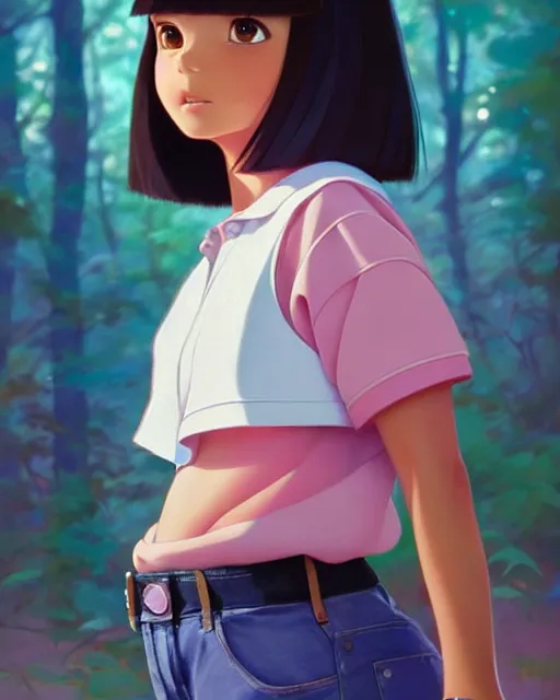 Image similar to real girl dora the explorer wearing her cloth made from leather, fine detail!! anime!! realistic shaded lighting!!, kim hyun joo, digital painting by ilya kuvshinov, magali villeneuve, artgerm, jeremy lipkin and michael garmash and rob rey