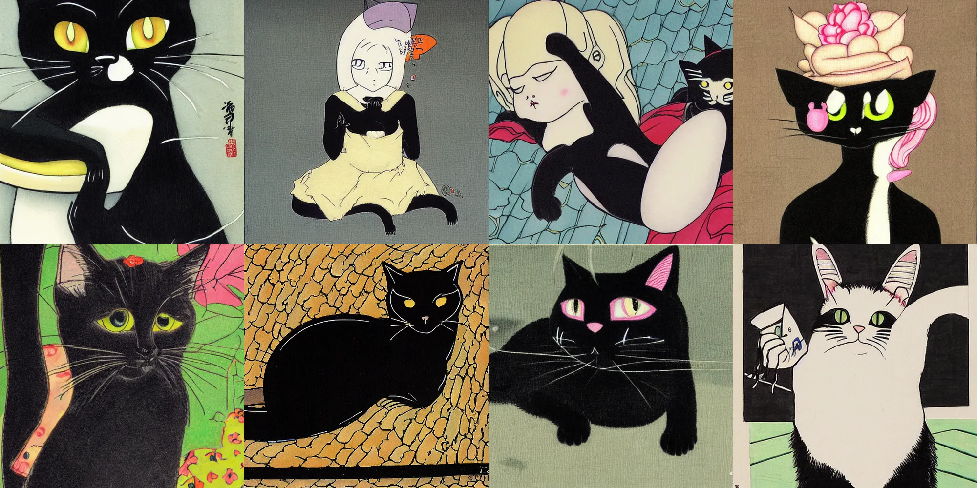 Prompt: black cat by tsuguharu foujita