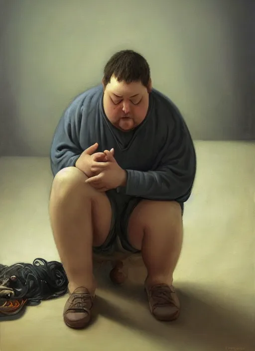 Prompt: insanely detailed chiaroscuro image of a sleepy - looking chubby programmer guy on his knees facing his glowing ultrawide monitor begging it for forgiveness, oil on canvas, masterwork, fine detail, trending on artstation, emotive, insanely compelling, ryden, koons, moebius