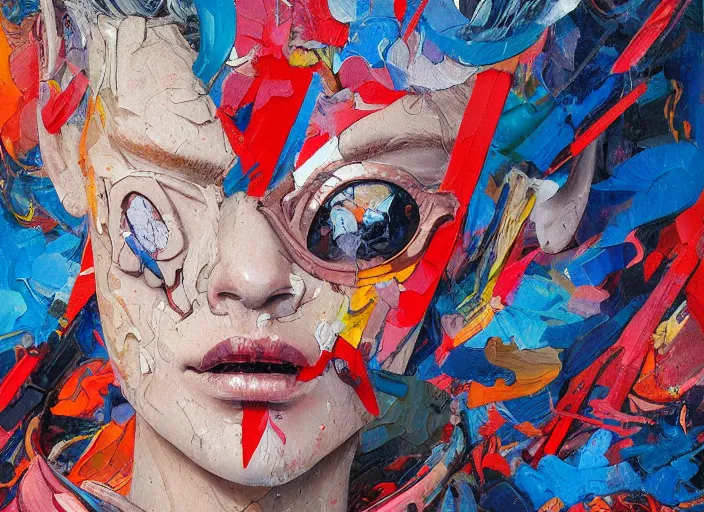 Prompt: highly textured oil painting modern art abstract, moma by james jean and katsuhiro otomo and erik jones, inspired by akira anime, smooth texture, intricate oil painting, high detail illustration, sharp high detail, long exposure