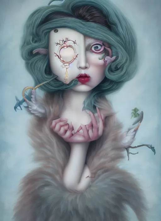 Image similar to pop surrealism, lowbrow art, realistic cute girl painting, japanese street fashion, hyper realism, muted colours, rococo, natalie shau, loreta lux, tom bagshaw, mark ryden, trevor brown style,